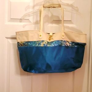 NWOT Teal Blue & Cream Zippered Tote Bag with 2 Inside Pockets & Sequined Design